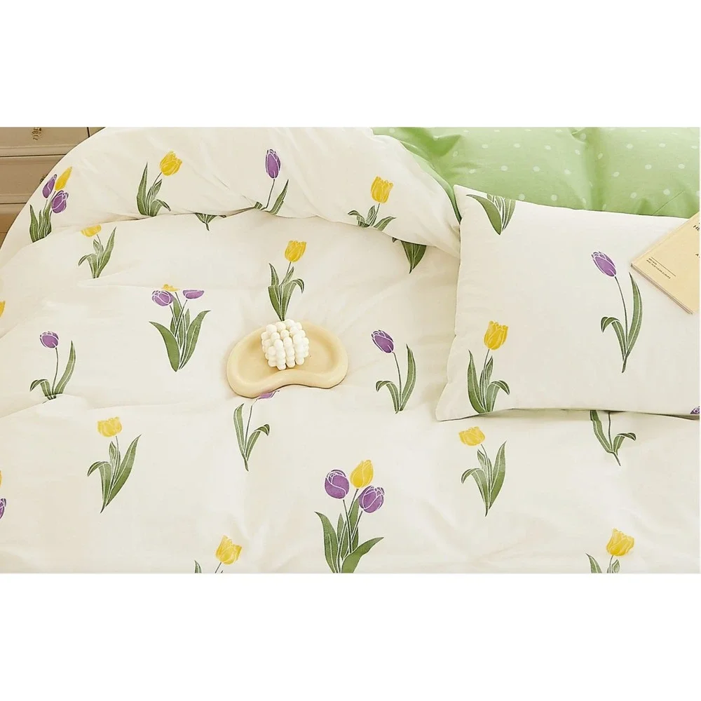 Amy Tulip Farmhouse White Purple 100% Cotton Reversible Comforter Set Queen‎